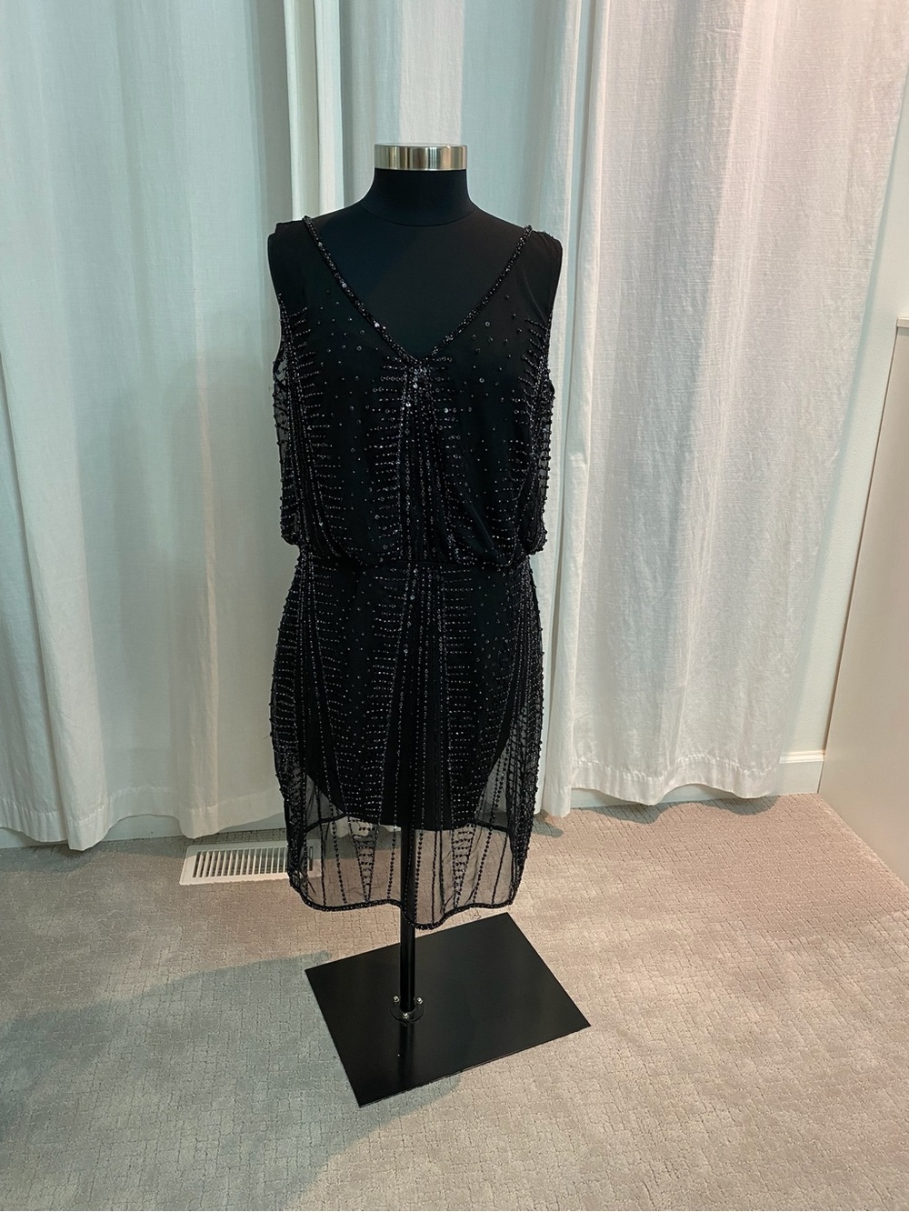 Adrianna Papell Black Beaded V-Neck Mini Dress